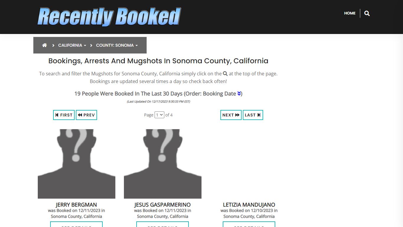 Bookings, Arrests and Mugshots in Sonoma County, California
